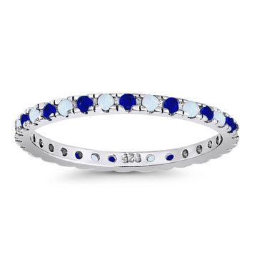 Stackable Band Wedding Ring Round Full Eternity Lab White Opal & Simulated Blue Sapphire CZ 925 Sterling Silver